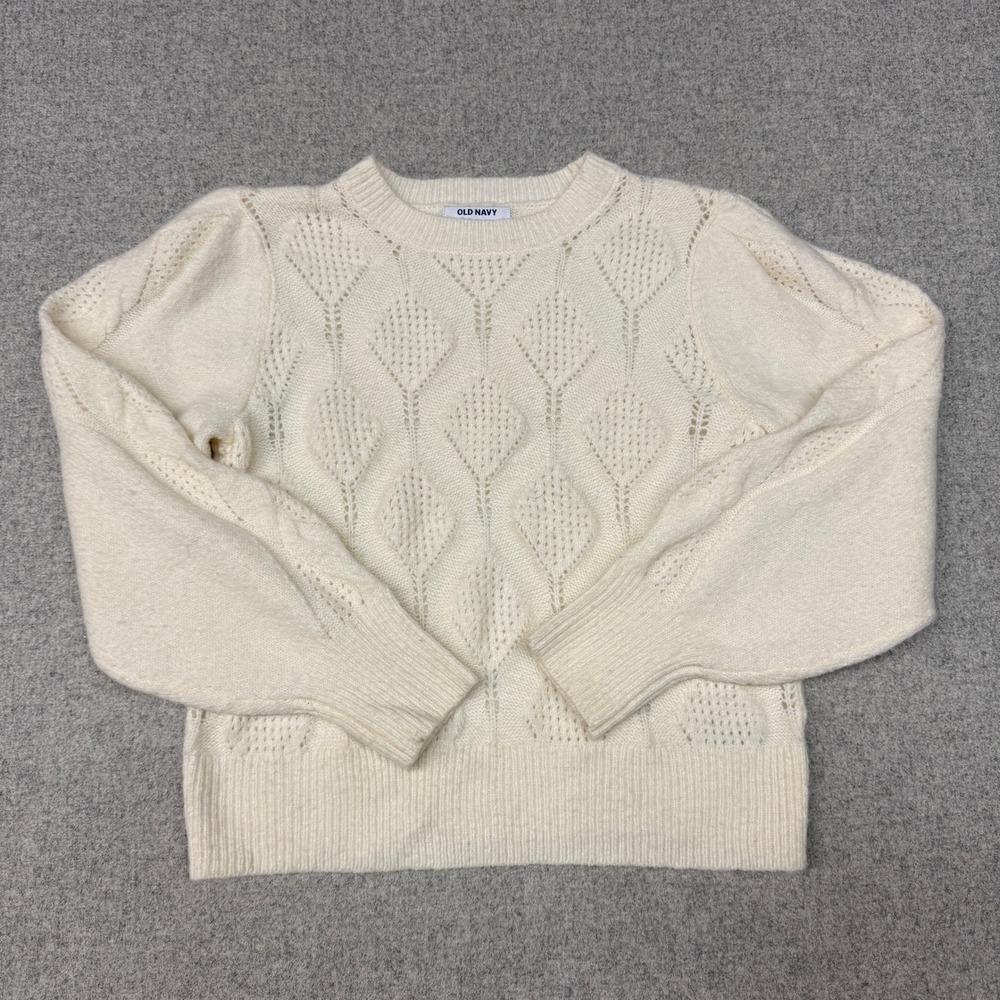 Old Navy | Pointelle Knit Puff Shoulder Sweater | M | Cream | Wool Blend Diamond